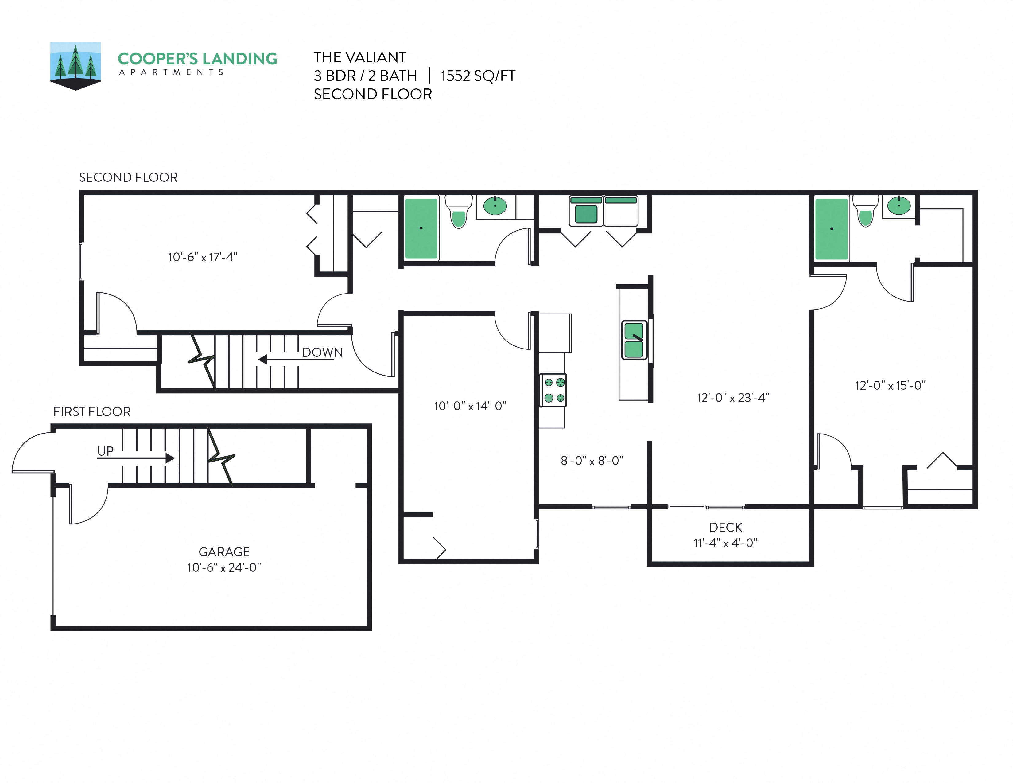 Floor plan for 3 beds, 2 baths, 1552 sqft